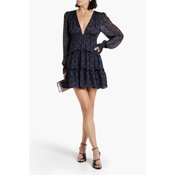 Cami NYC Venezia Floral Plunge Neck Silk Chiffon Long Sleeve Mini Dress Navy M - Picture 1 of 9